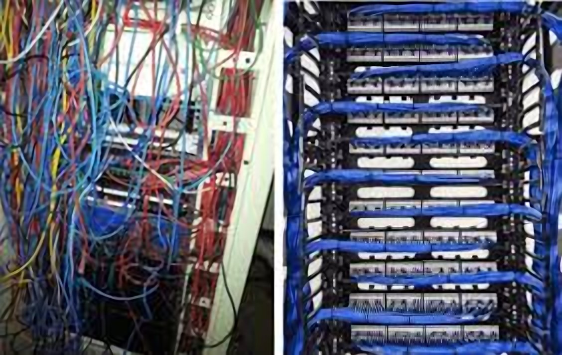 Rack de rede antes e depois da organização de cabeamento estruturado